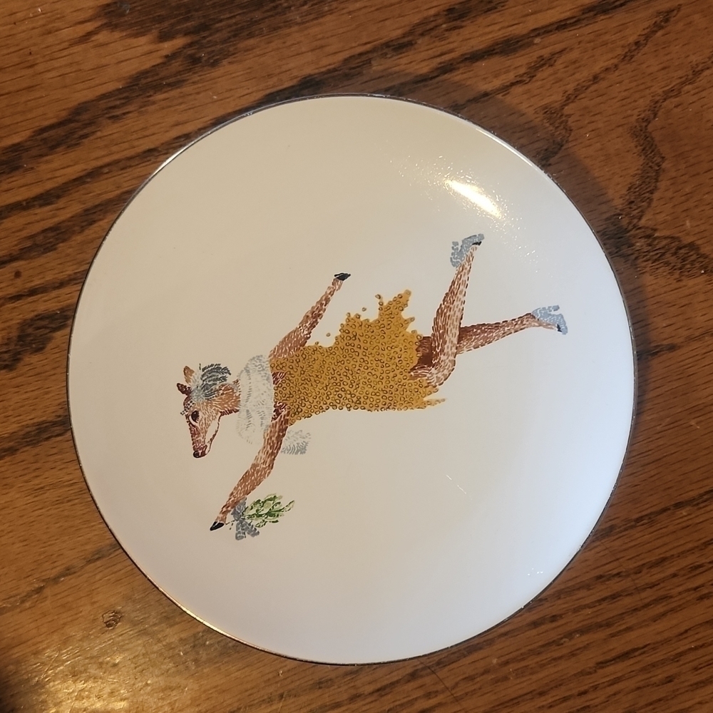 𝅺threshold appetizer plate deer dancing dress mistletoe gold trim s232